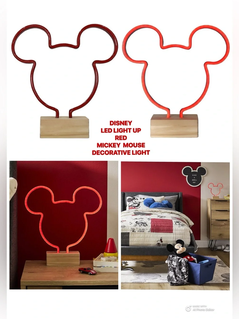 NWT- Disney- LED Light Up- RED- Mickey Mouse Head Neon Accent Light